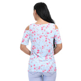 Kaamastra Light Blue Floral Short Sleeve Cold Shoulder Top for Women
